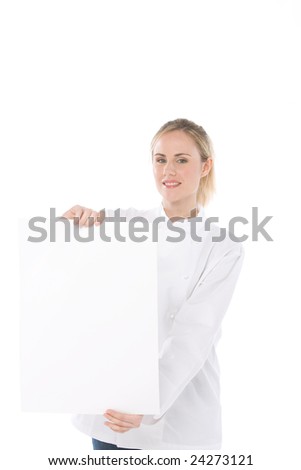 woman chef isolate on white background holds a blank card