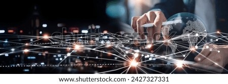 Digital technology, internet network connection, big data, digital marketing IoT internet of things. Woman using digital tablet, computer code, global network, surfing internet, technology background Royalty-Free Stock Photo #2427327331