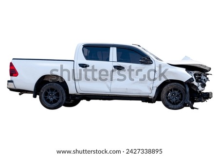 Car crash, Side view of white pickup car get hard damaged by accident on the road. damaged cars after collision. isolated on white background with clipping path Royalty-Free Stock Photo #2427338895