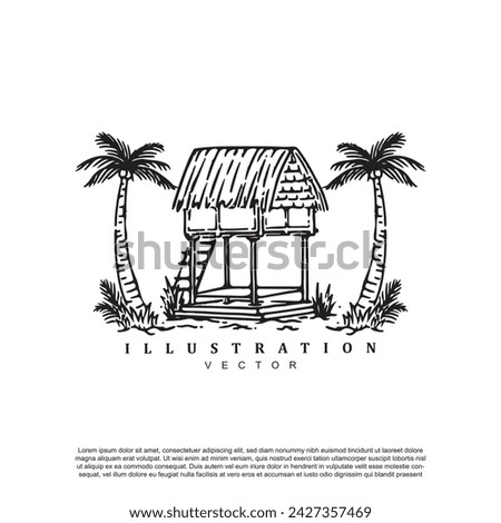 Abstract vintage hand drawn beach house paradise logo vector illustration Royalty-Free Stock Photo #2427357469