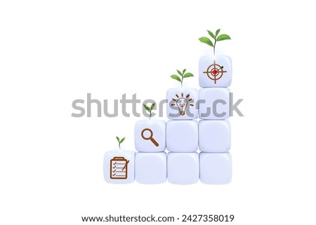Place the white blocks as steps towards the goal and the tree symbol. Goal progress and growth concept. Business ideas for a successful growth process isolated on white background.