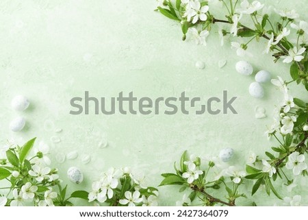 Spring Easter background. Passover blooming white apple or cherry blossom on green background. Happy Passover background. World environment day. Easter, Birthday, womens day holiday. Top view Mock up.