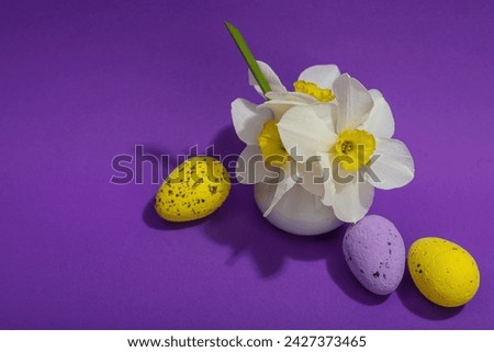 Blooming daffodils with Easter eggs and rabbits on purple background. Happy holiday concept, greeting card, traditional festive composition, top view