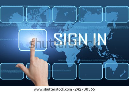 Sign in concept with interface and world map on blue background