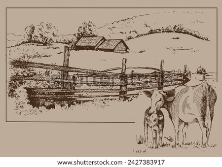 Green grass field on small hills. Meadow, alkali, lye, grassland, pommel, lea, pasturage, farm. Rural scenery landscape panorama of countryside pastures. Vector sketch illustration
 Royalty-Free Stock Photo #2427383917