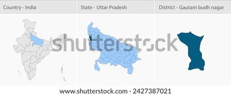 Gautam budh nagar Map, Gautam budh nagar district map, Uttar Pradesh state map, showing its cities, Indian map, vector, EPS, illustrator,  Government of India, politics, natural beauty, tourists,  Royalty-Free Stock Photo #2427387021