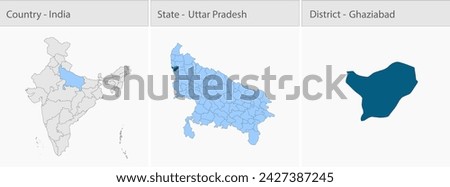 Ghaziabad Map, Ghaziabad district map, Uttar Pradesh state map, showing its cities, Indian map, vector, EPS, illustrator,  Government of India, politics, natural beauty, tourists,  Royalty-Free Stock Photo #2427387245