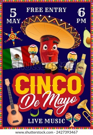 Cinco De Mayo Mexican holiday party flyer for fiesta with chili pepper in sombrero, vector poster. Mexican flag, tequila and avocado in live music fest for Cinco De Mayo holiday and music carnival