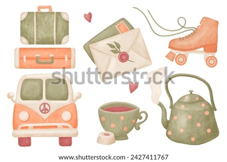 90's retro objects illustration set. Van, suitcases, letter, roller, mug, kettle. Clip art