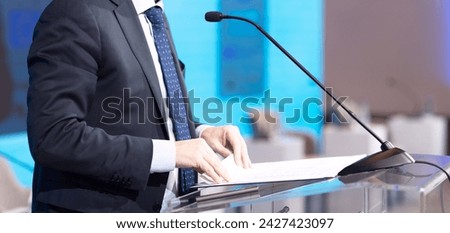 Speaker at business conference, corporate presentation, workshop, coaching training, news conference, company meeting, public or political event with copy space