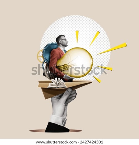Paper plane with a businessman and a large light bulb. Art collage. Royalty-Free Stock Photo #2427424501