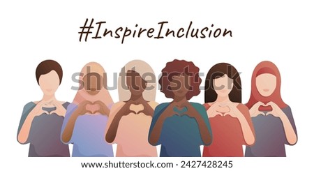 International Women's Day 2024 banner. Inspire inclusion. Different women show gesture in harts shape. Royalty-Free Stock Photo #2427428245