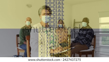 Image of social distancing text over senior people wearing face masks. global covid 19 pandemic, health and medicine concept digitally generated image.