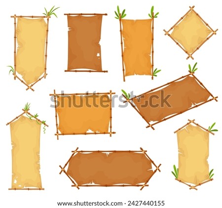 Bamboo frames parchment icons. Wooden tropical stick border. Signboard cartoon or blank papyrus banners.  illustration isolated on white background