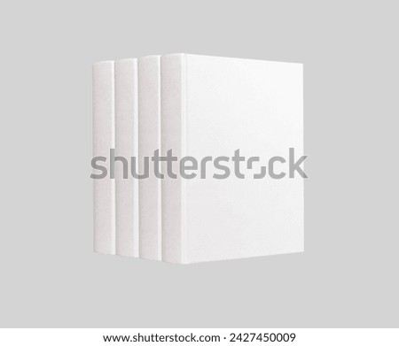 Book row, spines and hard cover mockup. Textbooks, novels, blank hardcovers standing, angle view, isolated on white background Royalty-Free Stock Photo #2427450009