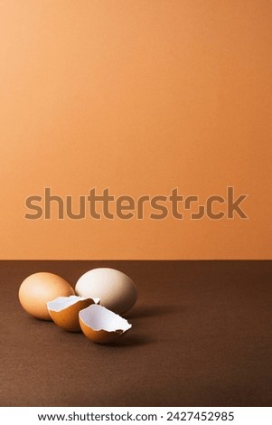Eggs and egg shells on brown background with copy space. Studio shot with sharp shadows, warm tones and high contrast
