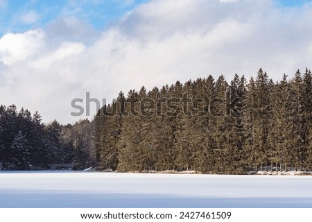 Winter frozen lake copy space space image, fresh snow covered landscape, perfect winter day background