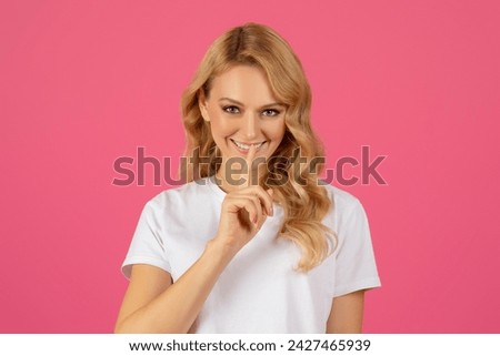 Zip Your Lips. Portrait Of Pretty Blonde Young Lady Showing Hush Sign, Making Finger On Lips Gesture Over Pink Studio Background. Keep Secrets And Silence About This Offer Concept