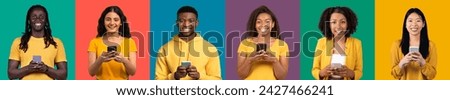 Six smiling individuals of diverse ethnicities in yellow and blue attire, each engaging with a smartphone against a background of six vibrant colors. Modern communication, social networks Royalty-Free Stock Photo #2427466241