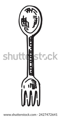 Camping spoon fork sketch. Clipart of travel equipment, hiking tools. Hand drawn vector illustration isolated on white.