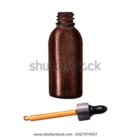 Small brown glass bottle with dropper, pipette for cosmetic oil, serum, medicine. Hand drawn watercolor illustration isolated on white. For clip art template label