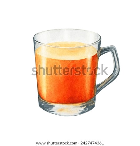 A glass tea cup with hot drink. Hand drawn watercolor food illustration isolated on white background. For clip art cards menu label package