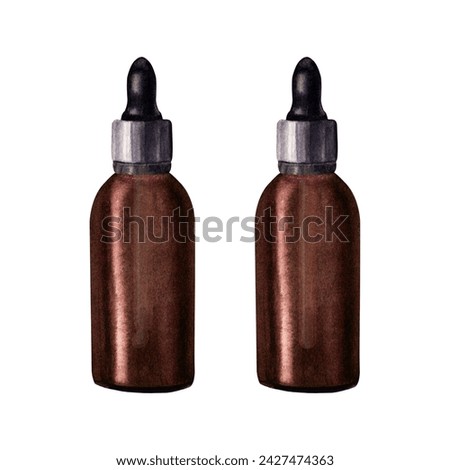 Small brown glass bottles with dropper, pipette for cosmetic oil, serum, medicine. Hand drawn watercolor illustration isolated on white background. For clip art template label