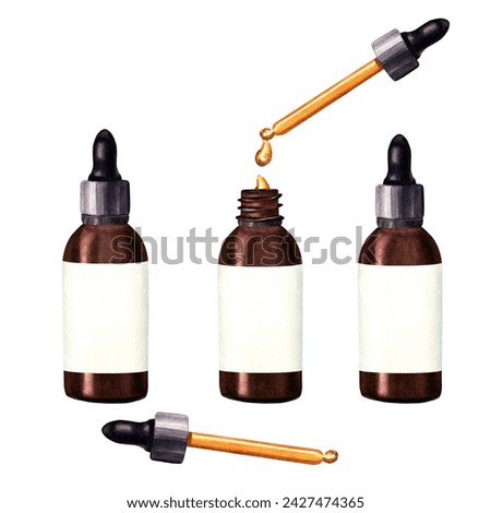 A set of small brown glass bottles with white labels and pipettes for cosmetic oil, serum, medicine. Hand drawn watercolor illustration isolated on white background. For clip art template label
