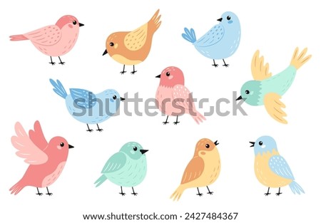 Set of flying and sitting cute birds in pastel spring colors. Birds or baby animals theme. Vector illustration isolated on white background. 