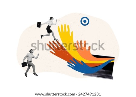 Creative collage picture of two mini excited black white colors people hold briefcase run huge laptop screen drawing arms