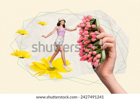 Artwork collage picture of mini excited girl run big arm hold smart phone screen fresh flowers isolated on paper beige background