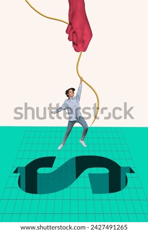 Vertical composite abstract creative photo collage of desperate woman hold rope saved from financial crisis isolated on painted background