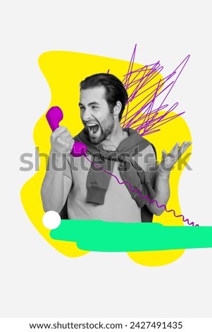 Vertical collage creative poster monochrome effect furious stressful aggressive young man scream loud talk colorful sketch white background