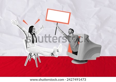Creative composite artwork photo collage of man hold board from monitor announcing sale to ecstatic woman isolated on drawing background