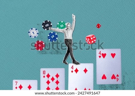 Composite picture collage senior businessman celebrate his pair of fours raised fingers up playing poker isolated on blue color background