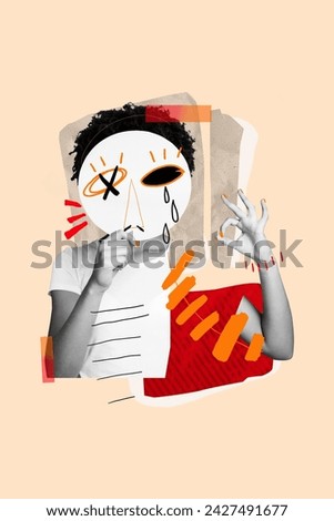 Creative vertical image young woman show okay approval gesture covered head sad depressed crying emotion hidden face drawing background