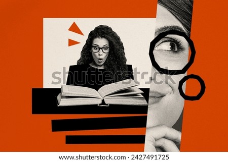 Collage picture of black white effect girls brainstorming speechless look opened book isolated on painted red background