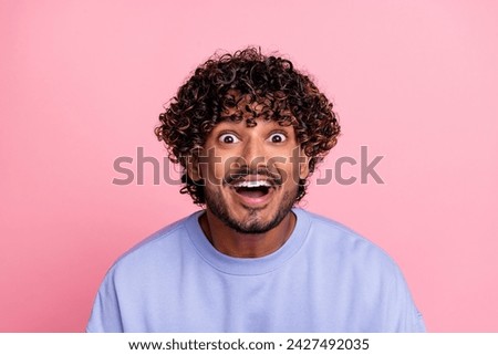 Photo of cheerful man wear blue trendy clothes open mouth wow unexpected unbelievable reaction news isolated on pink color background Royalty-Free Stock Photo #2427492035