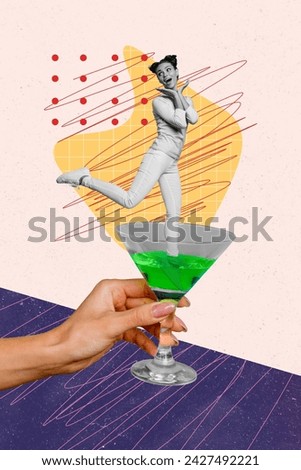 Vertical creative photo collage picture of black white colors overjoyed girl stand inside martini cocktail glass held by hand club party