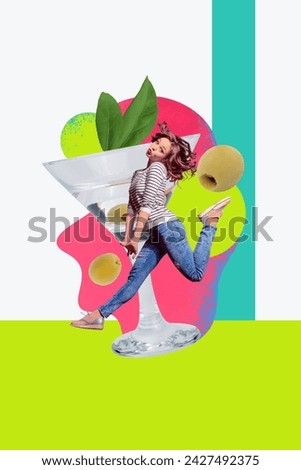Collage picture of lovely foolish girlfriend jumping in air blowing kiss isolated on drawing vivid background