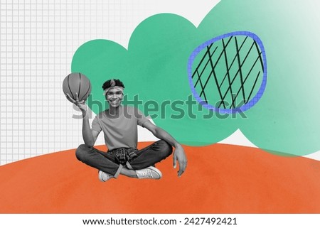 Creative collage picture illustration monochrome effect happy attractive smile young man sport basketball colorful draw background