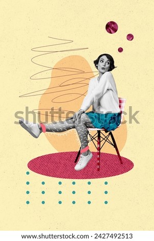 Vertical collage creative illustration black white effect charm beauty tenderness young lady sit chair hairy legs doodle exclusive template
