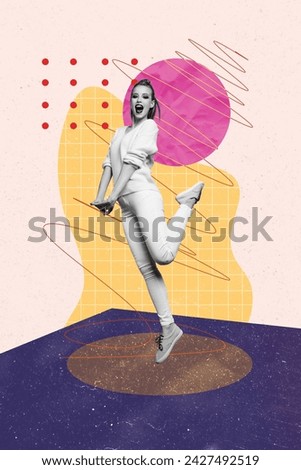 Vertical magazine photo collage banner of beautiful cheerful young girl dance have fun at celebrating party at club on creative background