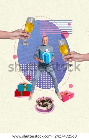 Creative vertical collage picture happy mature man celebrating happy birthday party guest receive presents giftboxes drink champagne