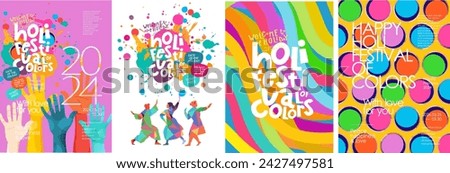 Happy Holi. Festival of Colors. Vector illustration of bright colorful paint cans, splashes, hands, dancing Indian people, pattern for poster, greeting card, flyer, invitation or background