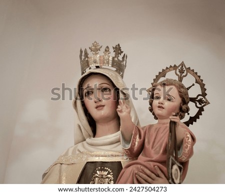 
Image of our Lady of Carmen with the baby Jesus in her arms, a sculpture found in the church of a small town in Antioquia