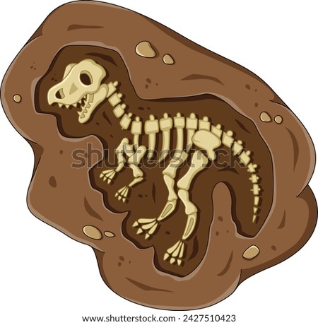 Dinosaur fossil skeleton in the soil, archeological excavation cartoon style of illustration