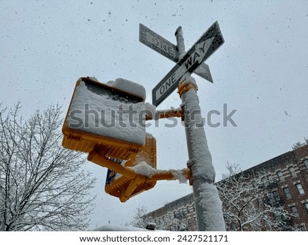 Traffic lights and one-way signs covered in snow in Harlem, New York City