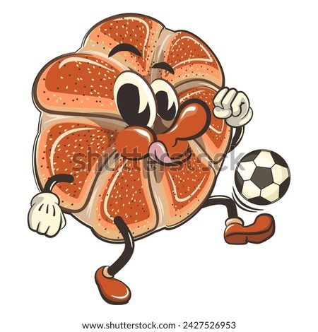 vector isolated clip art illustration of cute bagel rolls mascot playing football or soccer, work of handmade