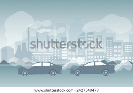 Air pollution, pm 2.5, industry pollution, toxic road smoke clouds and environment pollution,  and vehicle carbon dioxide vector illustration. Royalty-Free Stock Photo #2427540479